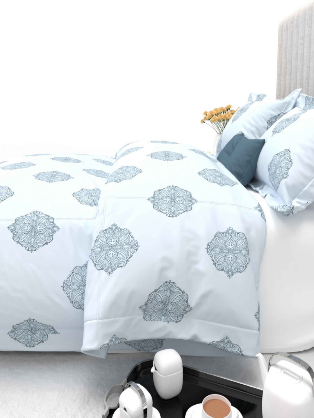 

THE WHITE MOSS Primrose luxury Blue Floral Cotton 600 TC King Bedsheet Set -2.5m x 2.75m