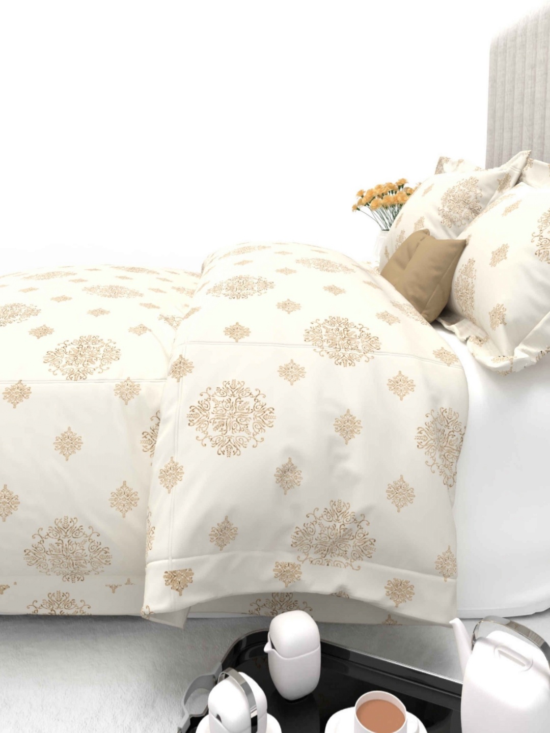 

THE WHITE MOSS White & Beige Floral Printed Cotton 600 TC King Bedsheet Set-2.5 m x 2.75 m