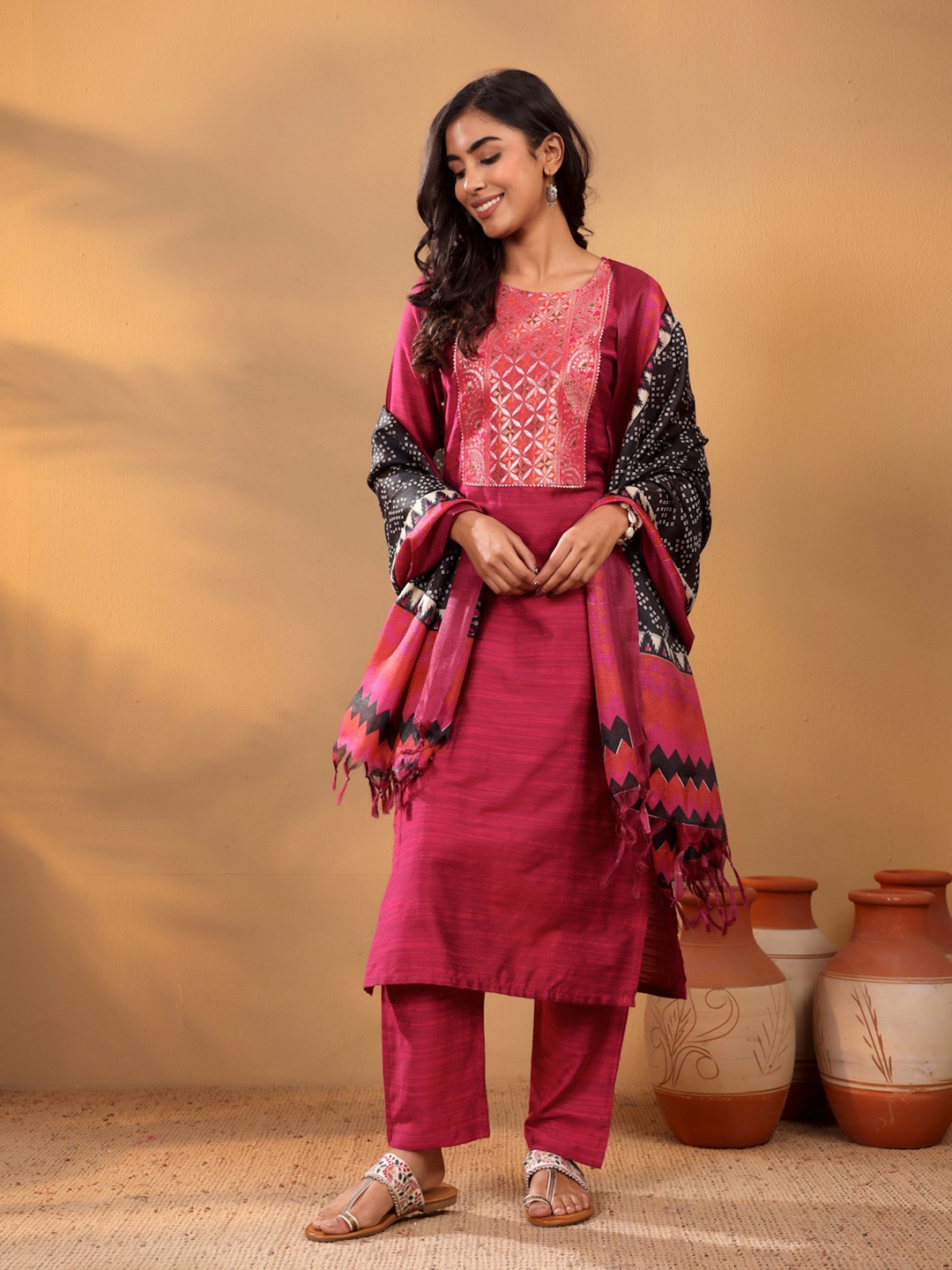 

Varanga Magenta Floral Yoke Design Gotta Patti Kurta With Trouser & Dupatta