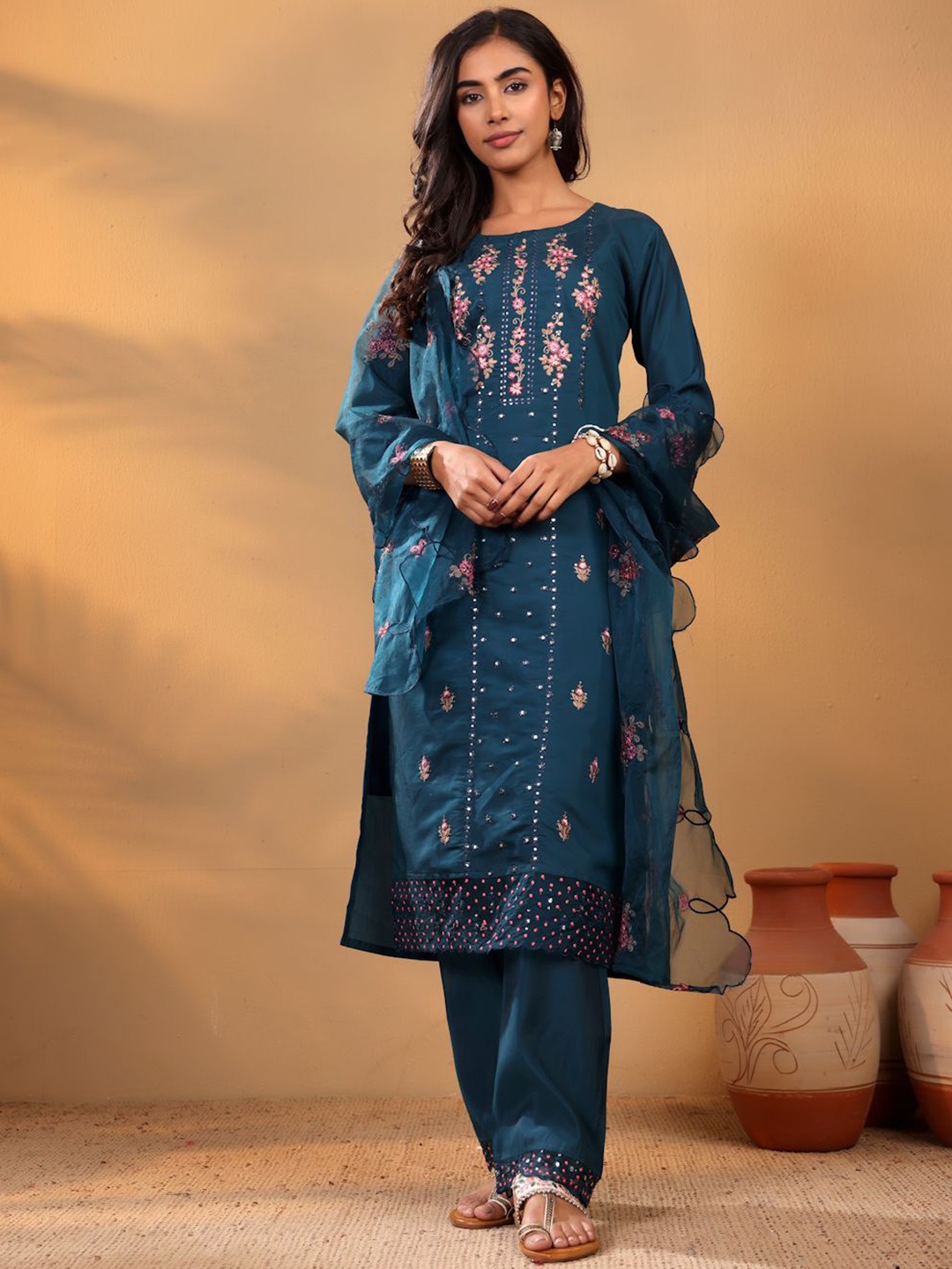 

Varanga Women Floral Embroidered Regular Thread Work Chanderi Silk Kurta with Trousers & With Dupatta, Teal