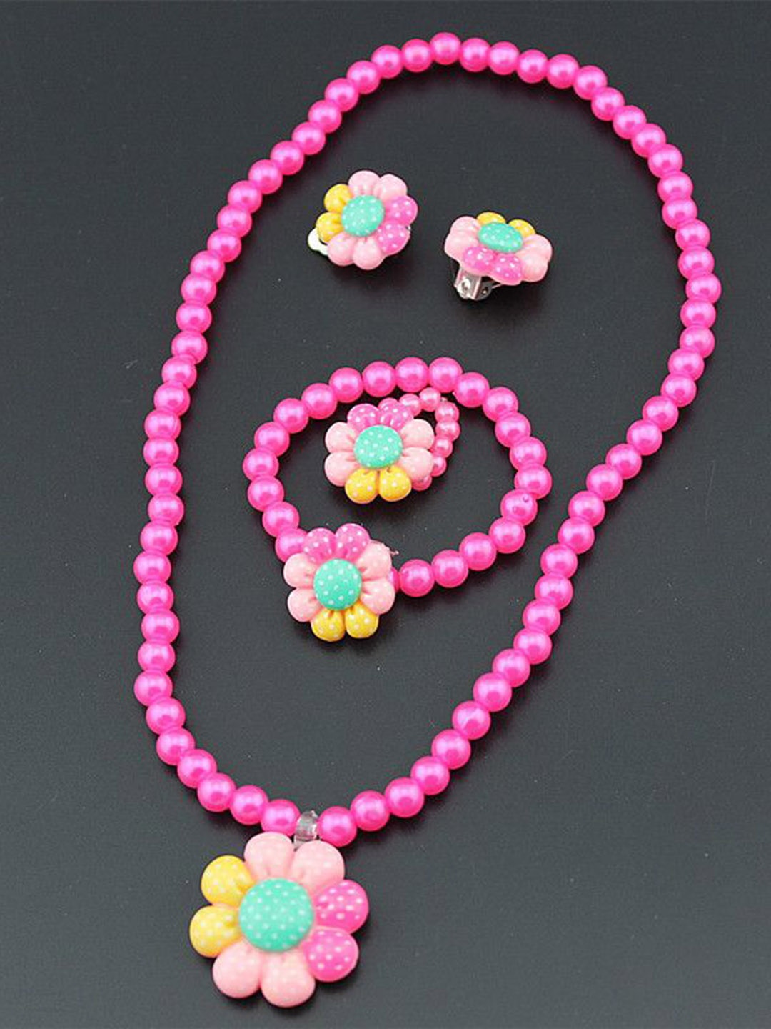 

SYGA Girls Flower Design Beaded Necklace Bracelet Finger Ring and Clip-On Earrings, Pink