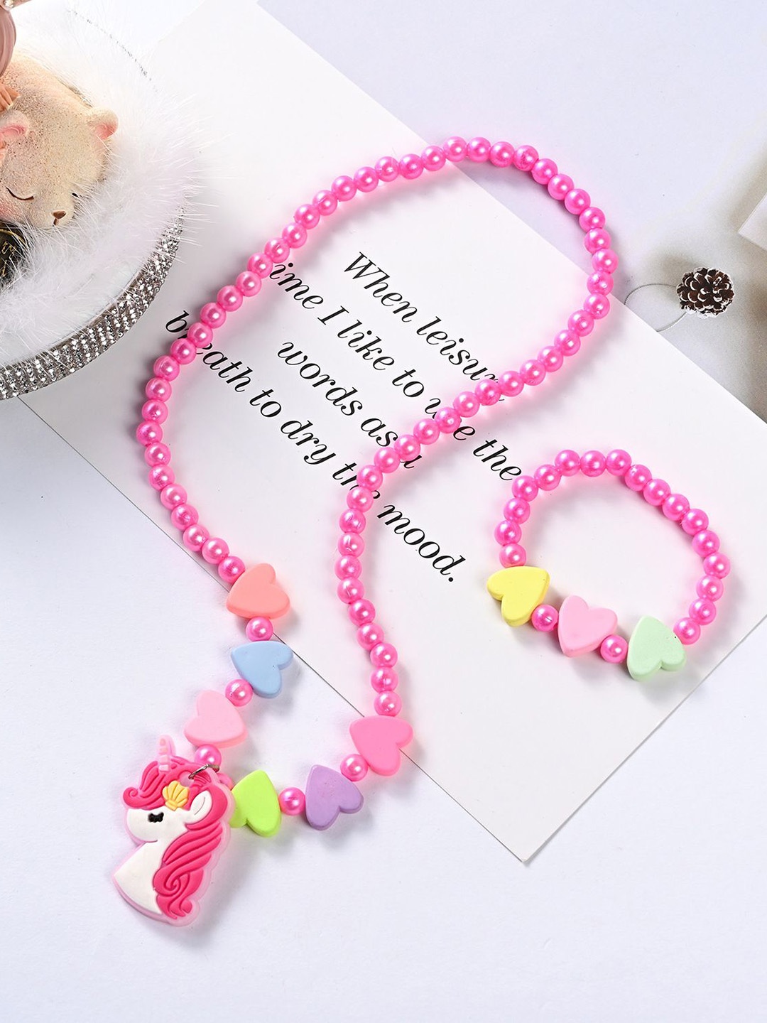 

SYGA Girls Unicorn Design Beaded Necklace and Bracelet, Pink