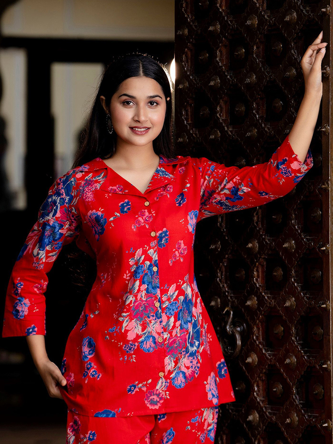 

Jasoriya Floral Printed Shirt Collar Pure Cotton Shirt And Palazzos, Red