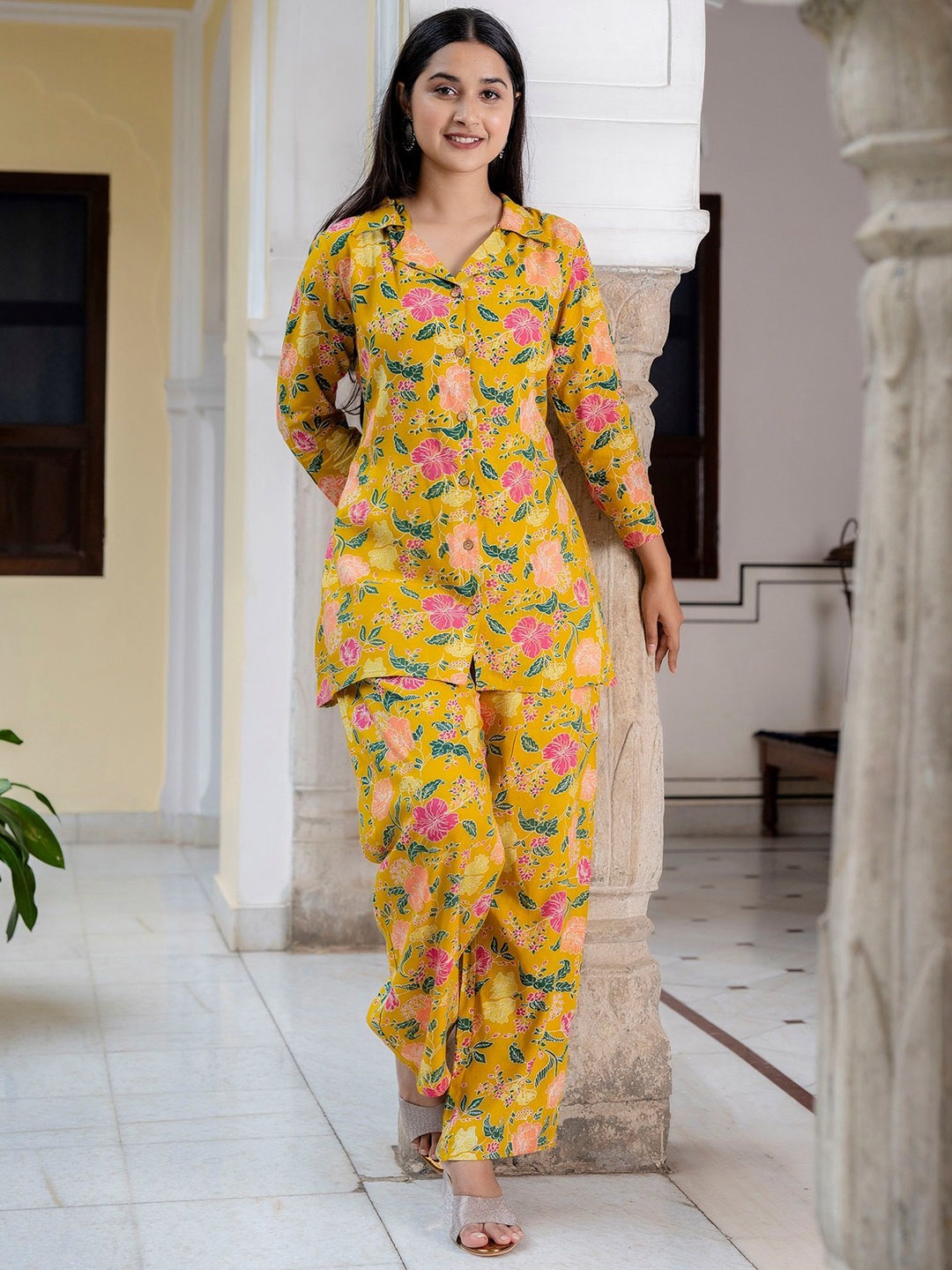 Jasoriya Floral Printed Lapel Collar Shirt And Palazzo, Mustard