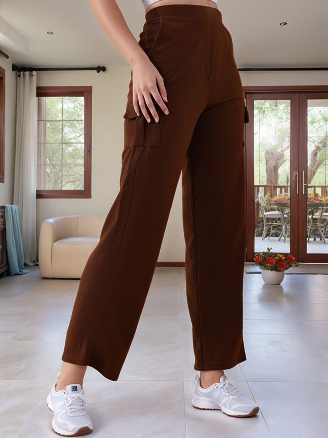 

DressBerry Women Classic High-Rise Cargo Trousers, Coffee brown