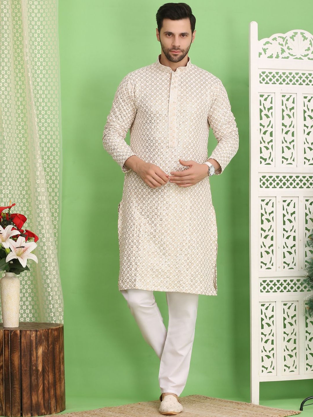 

Larwa Men Floral Embroidered Mandarin Collar Chikankari Pure Cotton Kurtas, Beige