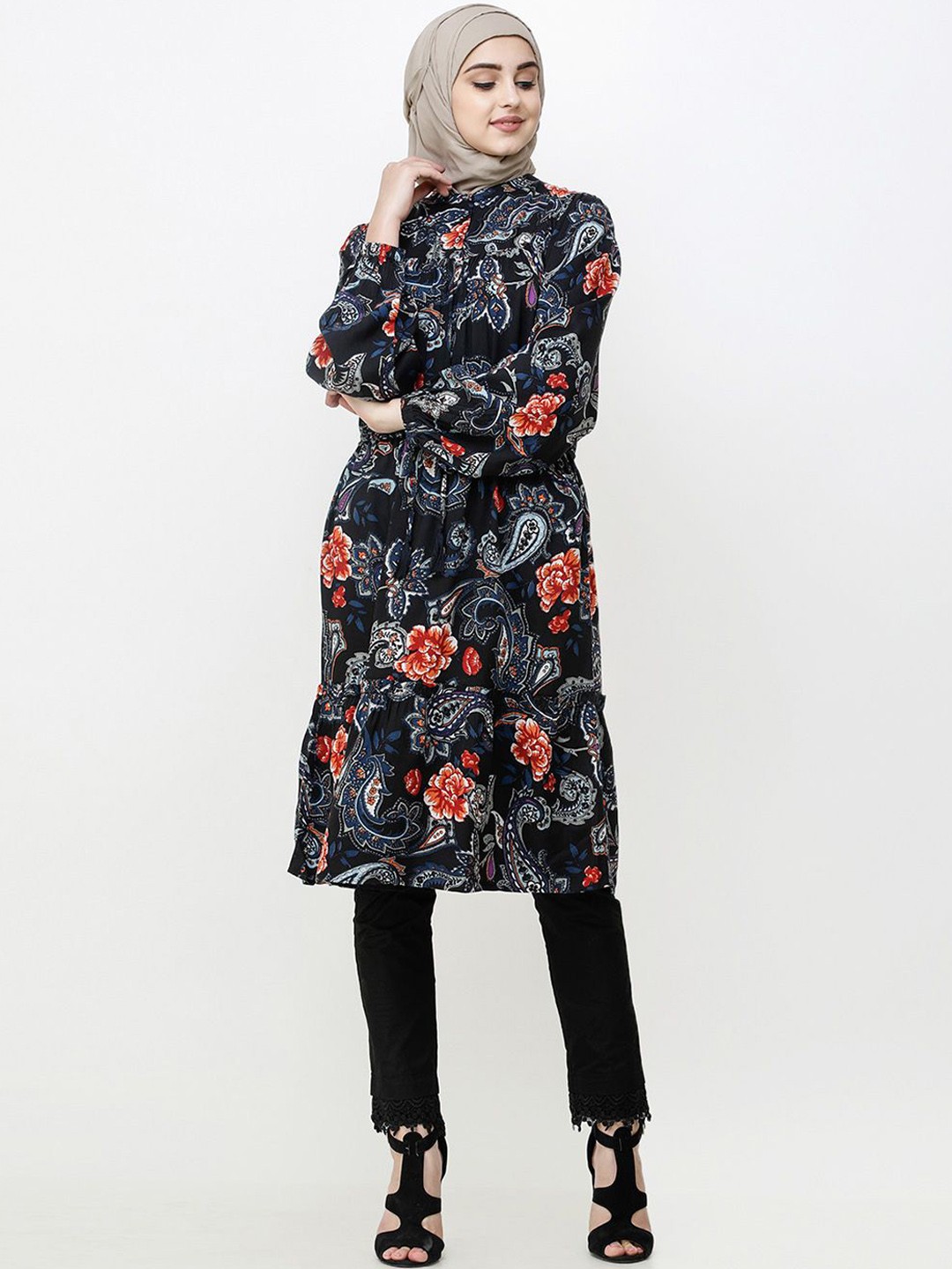 

IDH London Women Paisley Printed Balloon Sleeves Abaya Burqa, Black