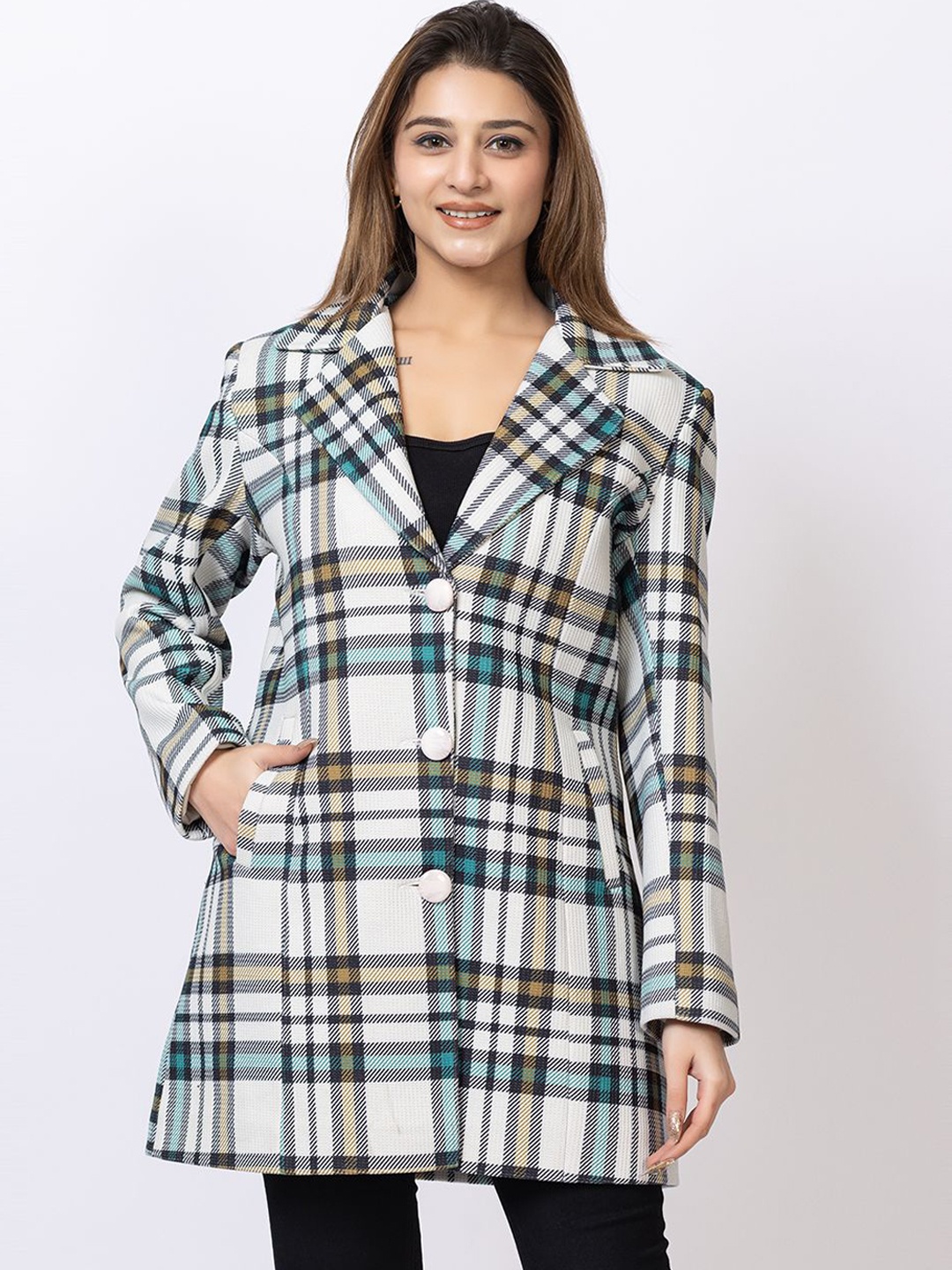 

GEE 5 Women Checked Single-Breasted Overcoat, Blue