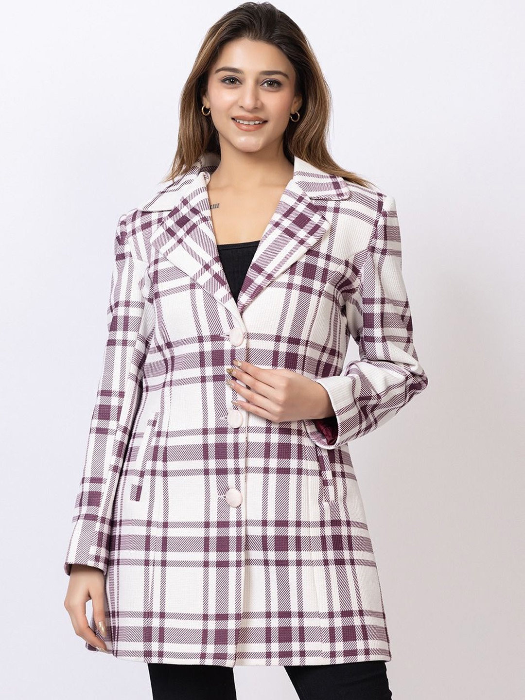 

GEE 5 Women Checked Notched Lapel Single Breasted Overcoat, White