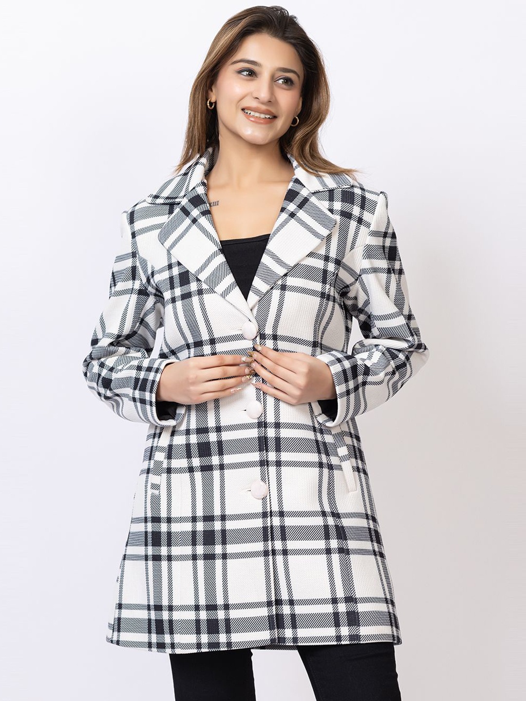 

GEE 5 Women Checked Single-Breasted Overcoat, Black