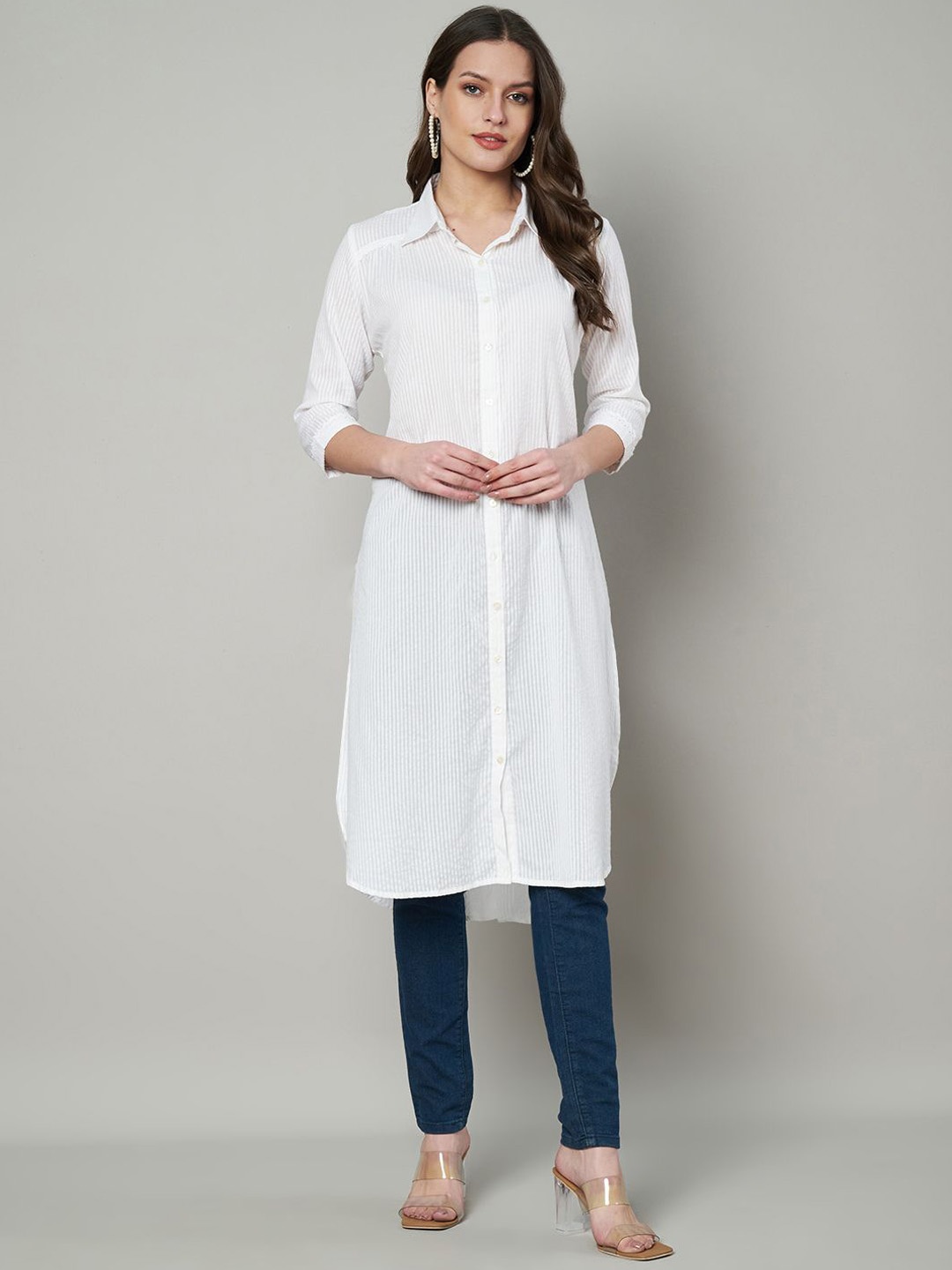 

FABRIC FITOOR Shirt Collar Cotton Straight Kurta, White