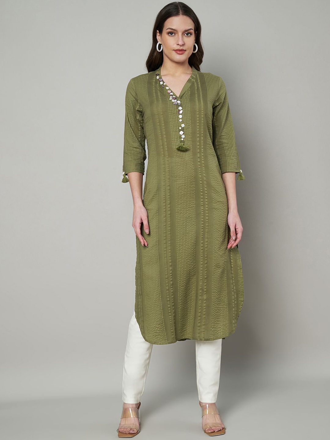 

FABRIC FITOOR V-Neck Cotton Straight Kurta, Olive