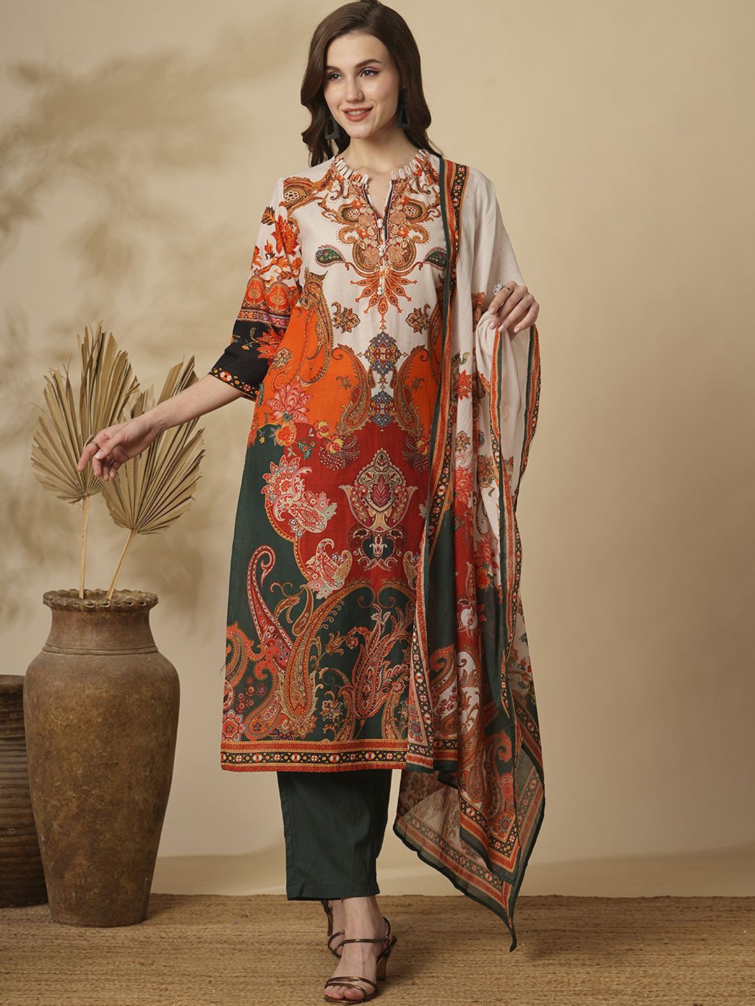 

FASHOR Paisley Printed Pure Cotton Straight Kurta With Trousers & Dupatta, Orange