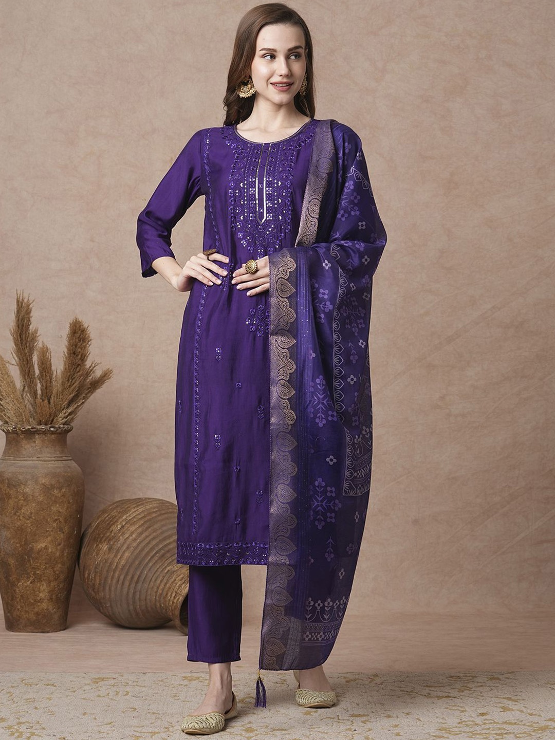 

FASHOR Purple Floral Embroidered Sequinned Straight Kurta With Trousers & Dupatta