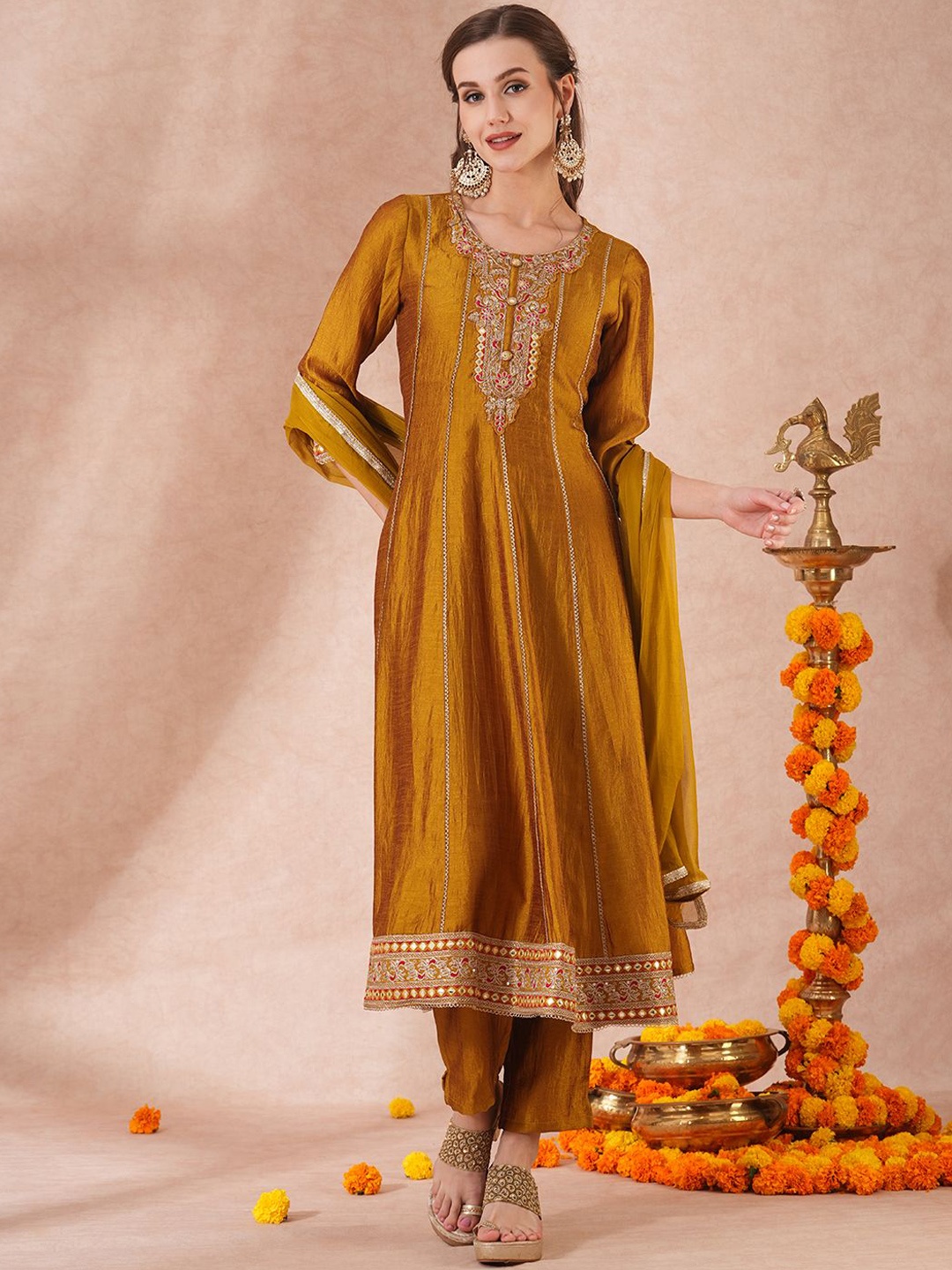 

FASHOR Mustard Yellow Floral Embroidered Panelled A-Line Kurta With Trousers & Dupatta