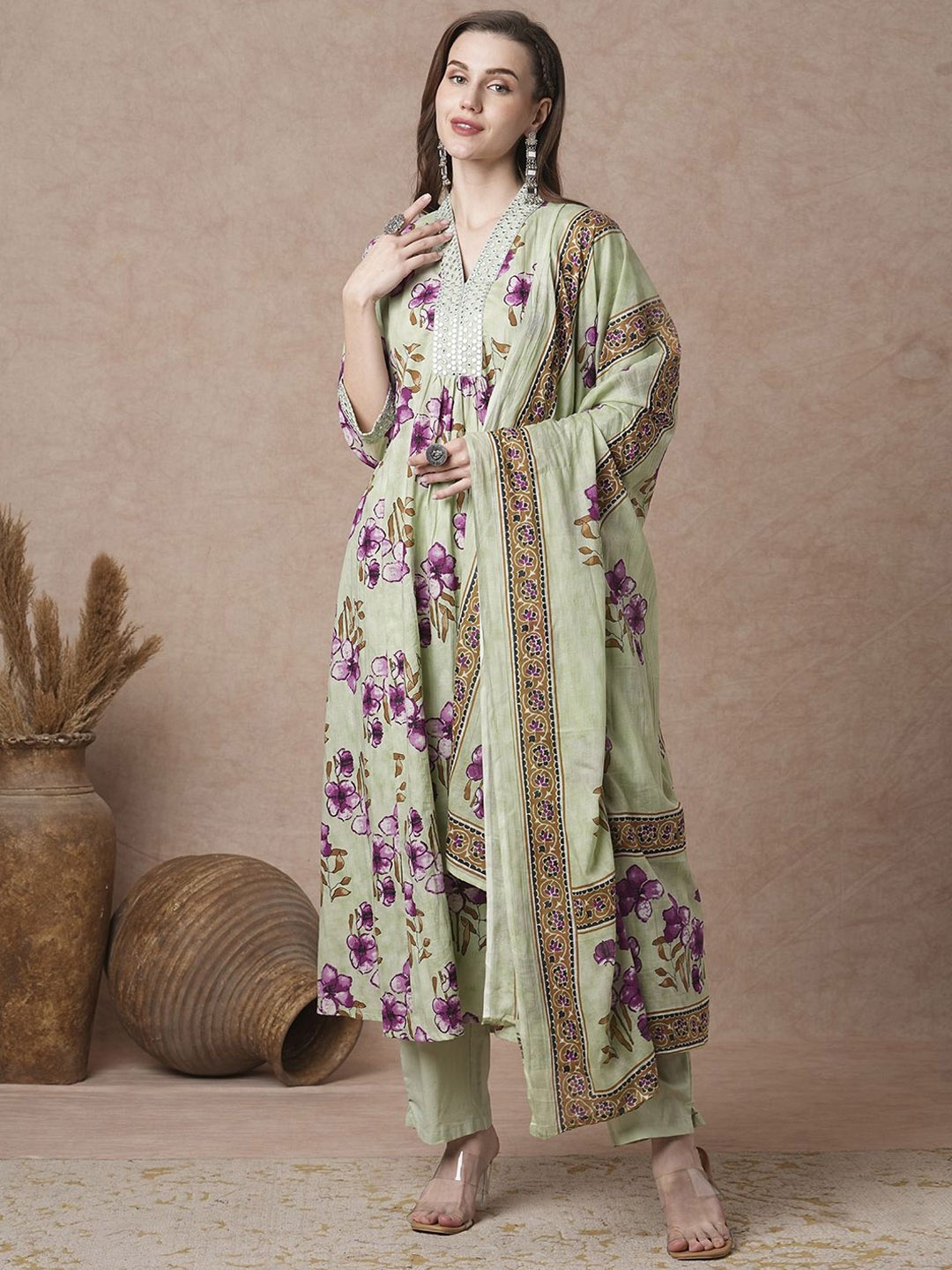 

FASHOR Floral Embroidered Mirror Work Pure Cotton Anarkali Kurta with Trousers & Dupatta, Green