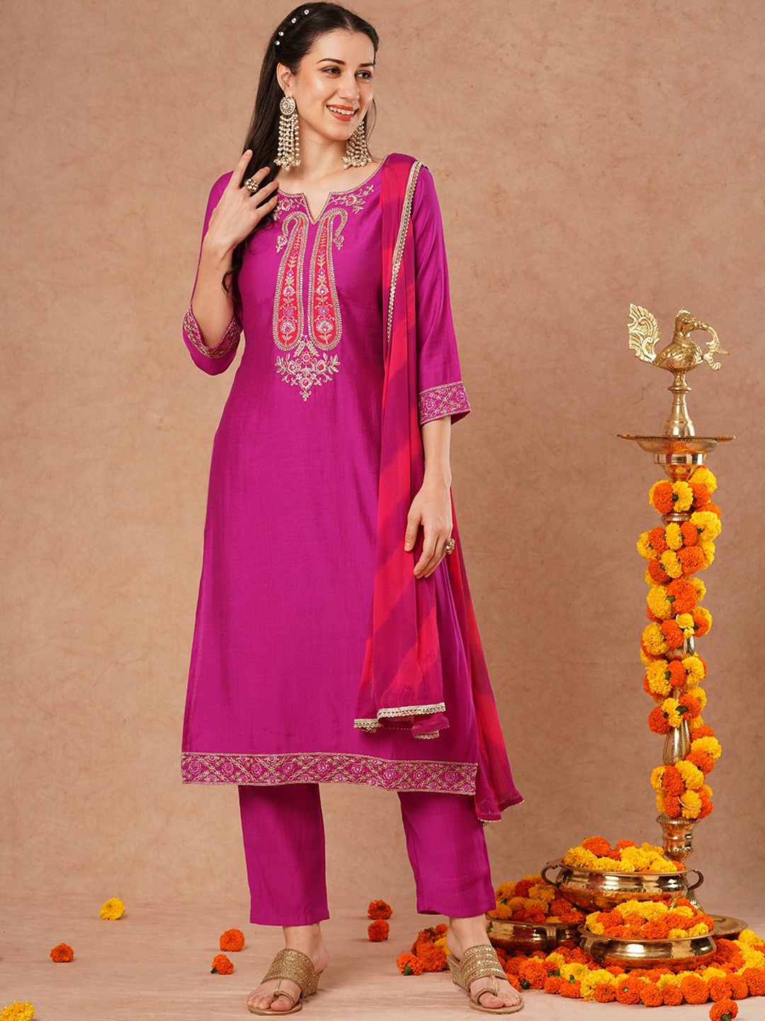 

FASHOR Purple Paisley Embroidered Sequinned Straight Kurta With Trousers & Dupatta