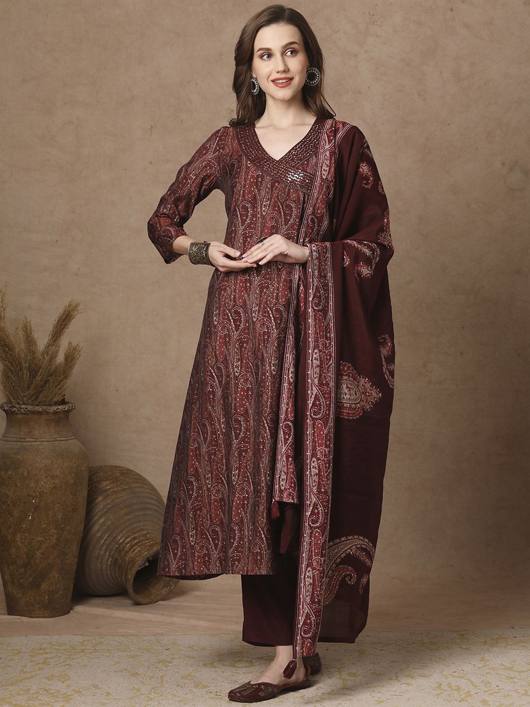 

FASHOR Burgundy Paisley Printed V-Neck Sequinned A-Line Kurta With Trousers & Dupatta