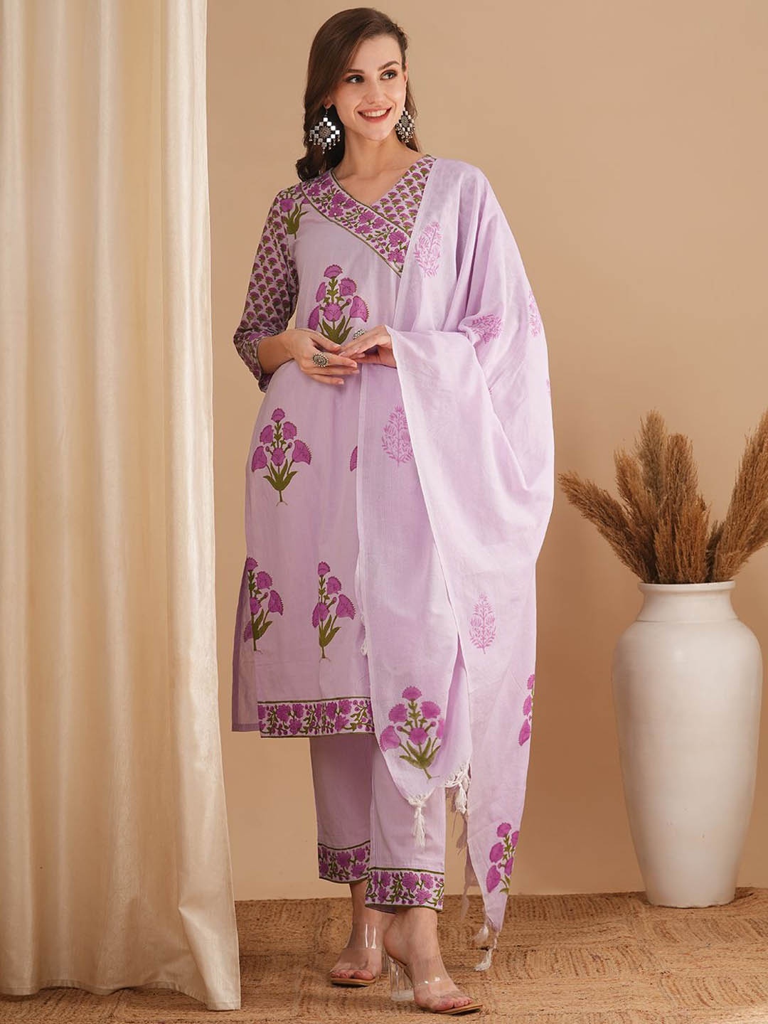 

FASHOR Lavender Floral Printed V-Neck Pure Cotton Straight Kurta With Trousers & Dupatta