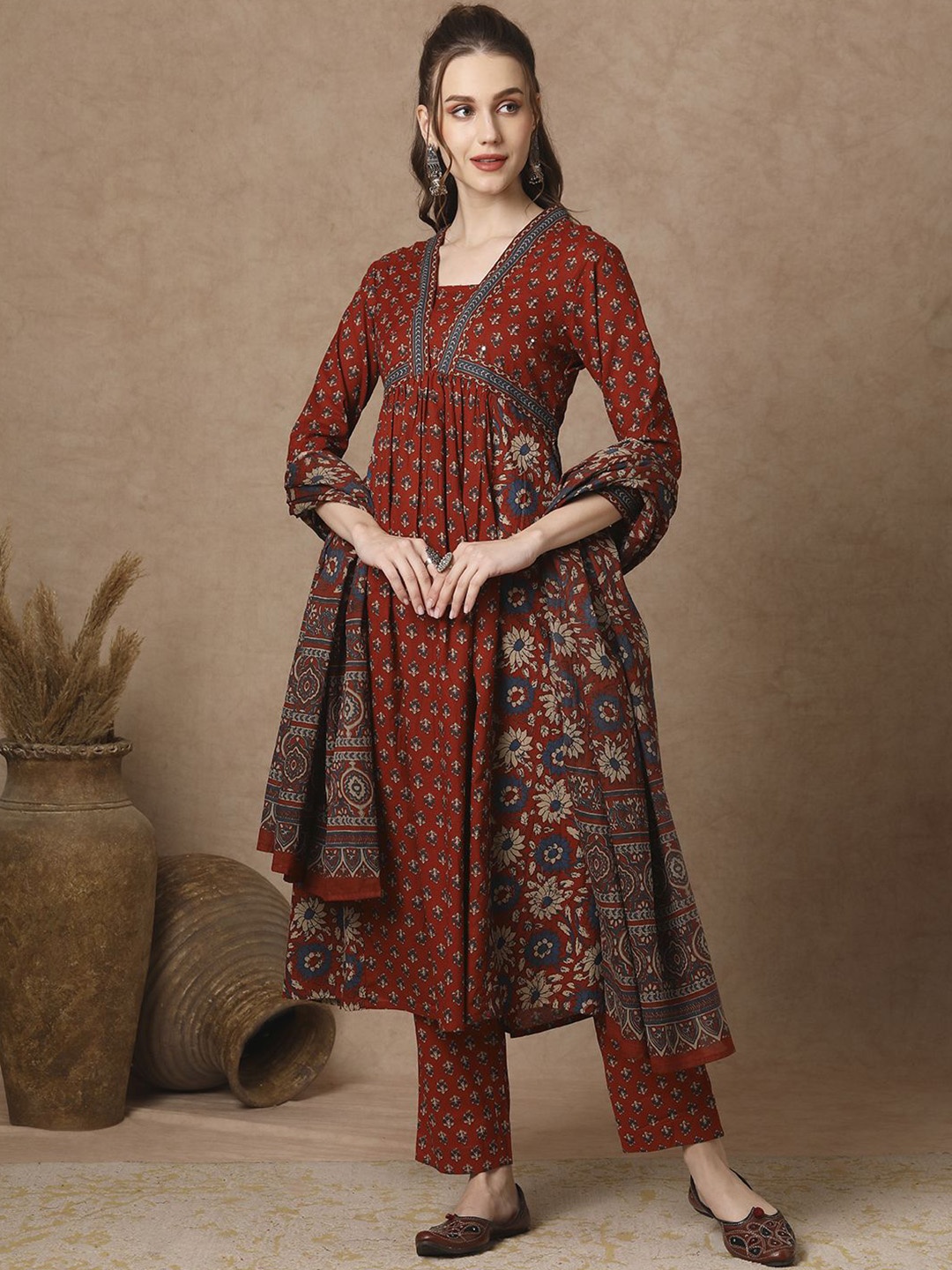 

FASHOR Ethnic Motifs Printed Panelled Pure Cotton Anarkali Kurta With Trousers And Dupatta, Rust