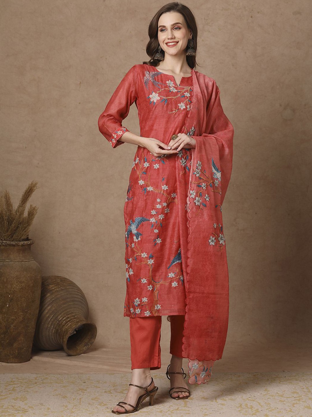 

FASHOR Rust Floral Embroidered Notch Neck Straight Kurta With Trouser & Dupatta