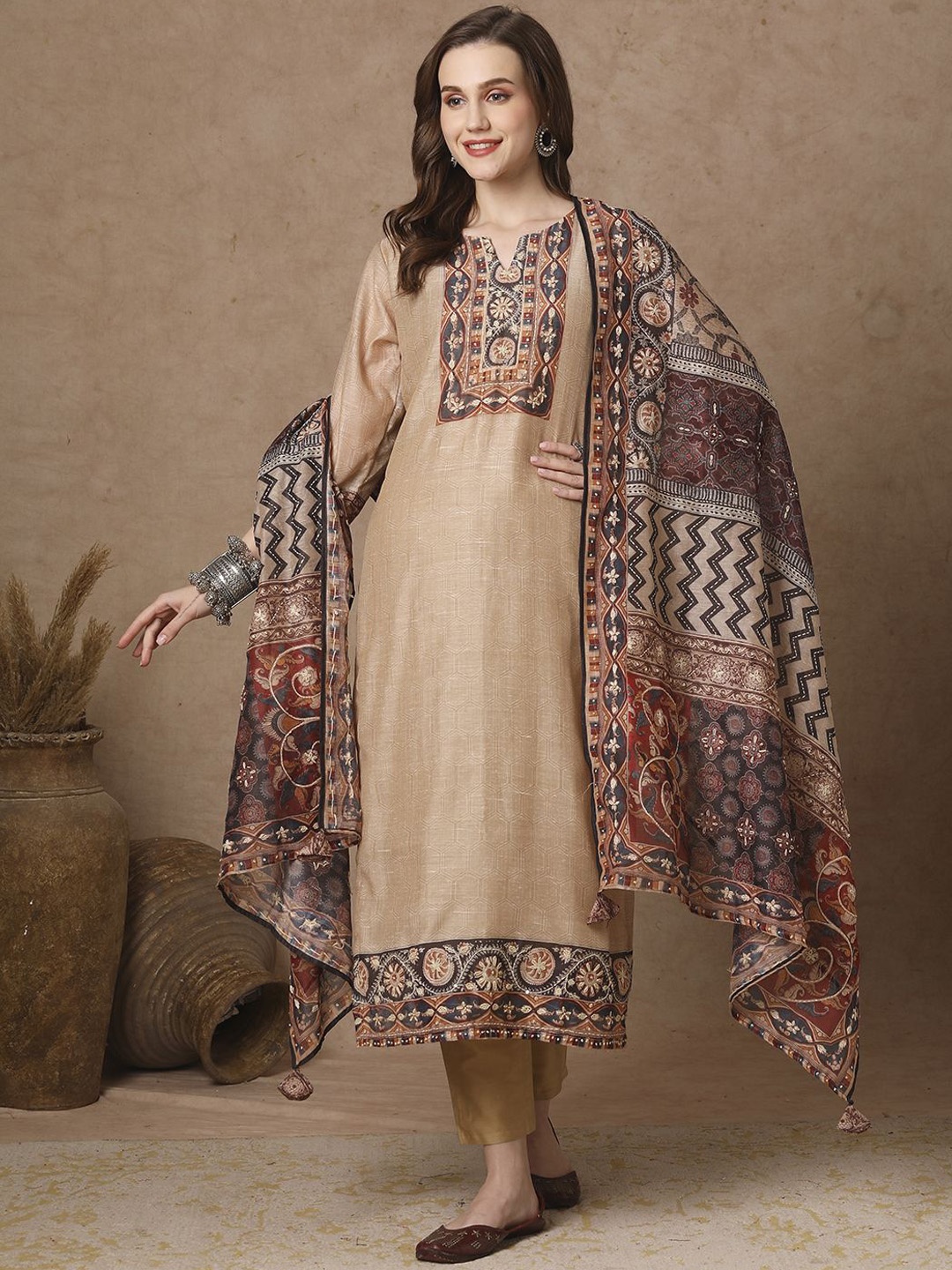 

FASHOR Camel Brown Ethnic Motifs Printed Straight Kurta With Trousers & Dupatta