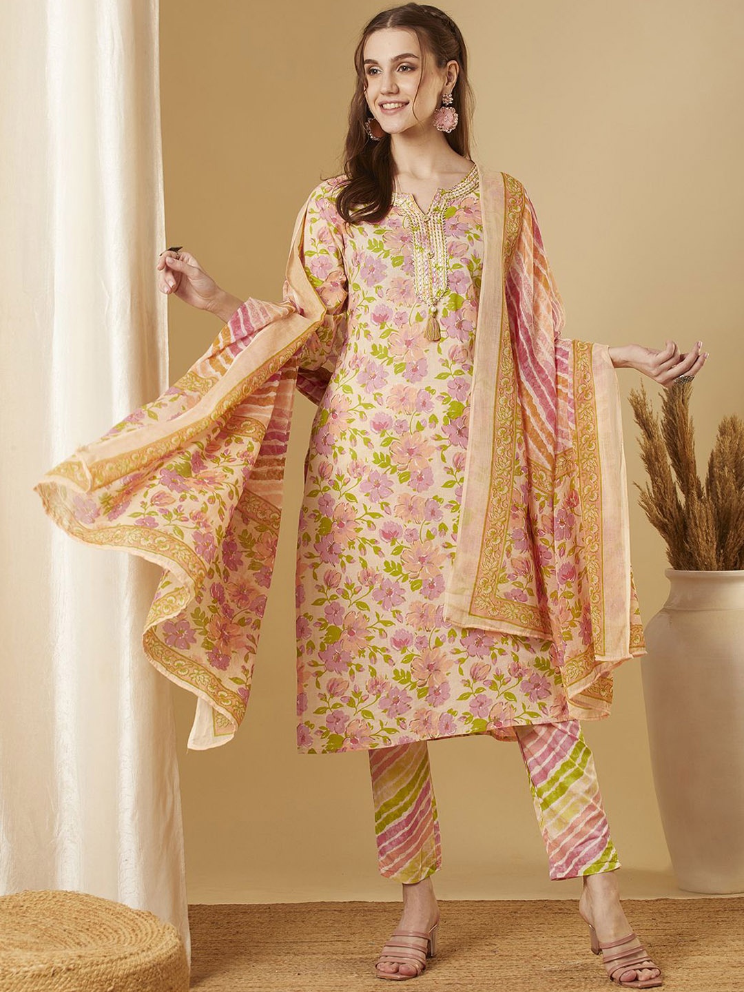 

FASHOR Cream-Coloured Floral Printed Pure Cotton Straight Kurta With Trousers & Dupatta