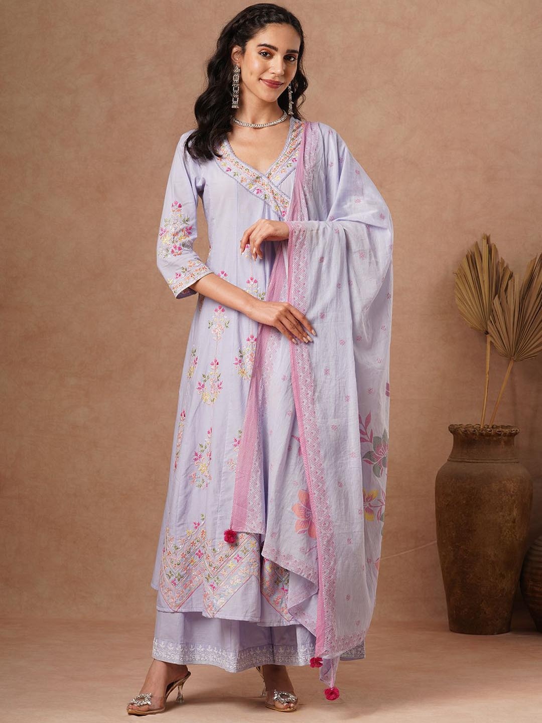 

FASHOR Lavender Floral Embroidered V-Neck Pure Cotton A-Line Kurta With Palazzos & Dupatta