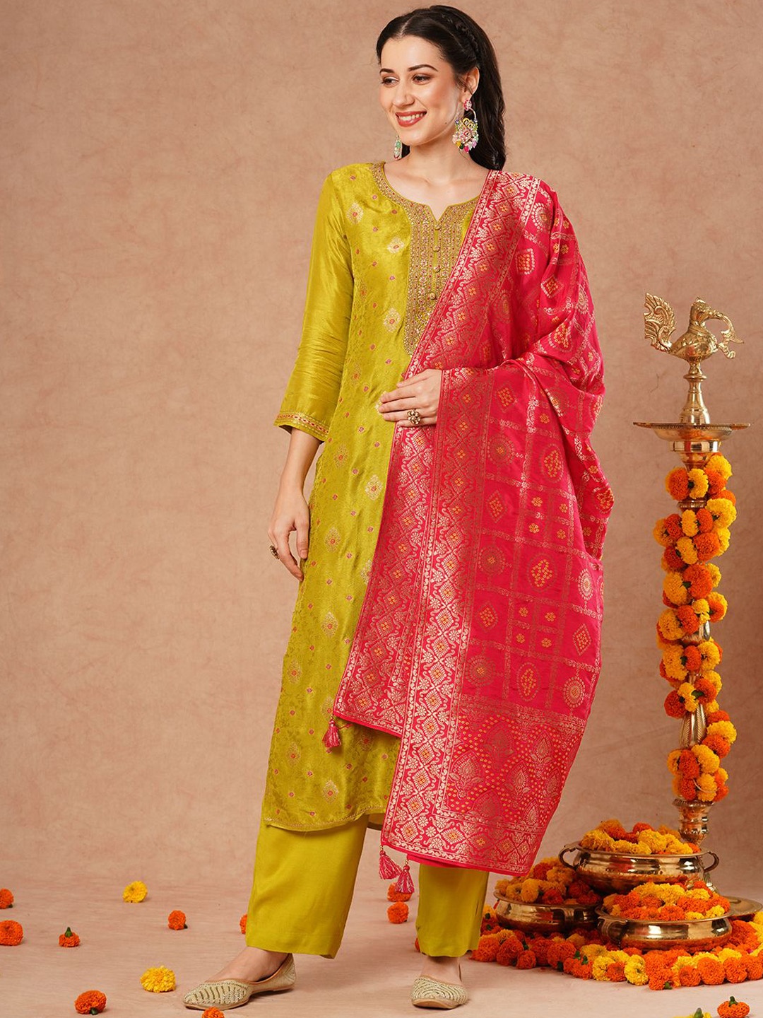 

FASHOR Lime Green Floral Woven Design Notch Neck Straight Kurta With Trousers & Dupatta