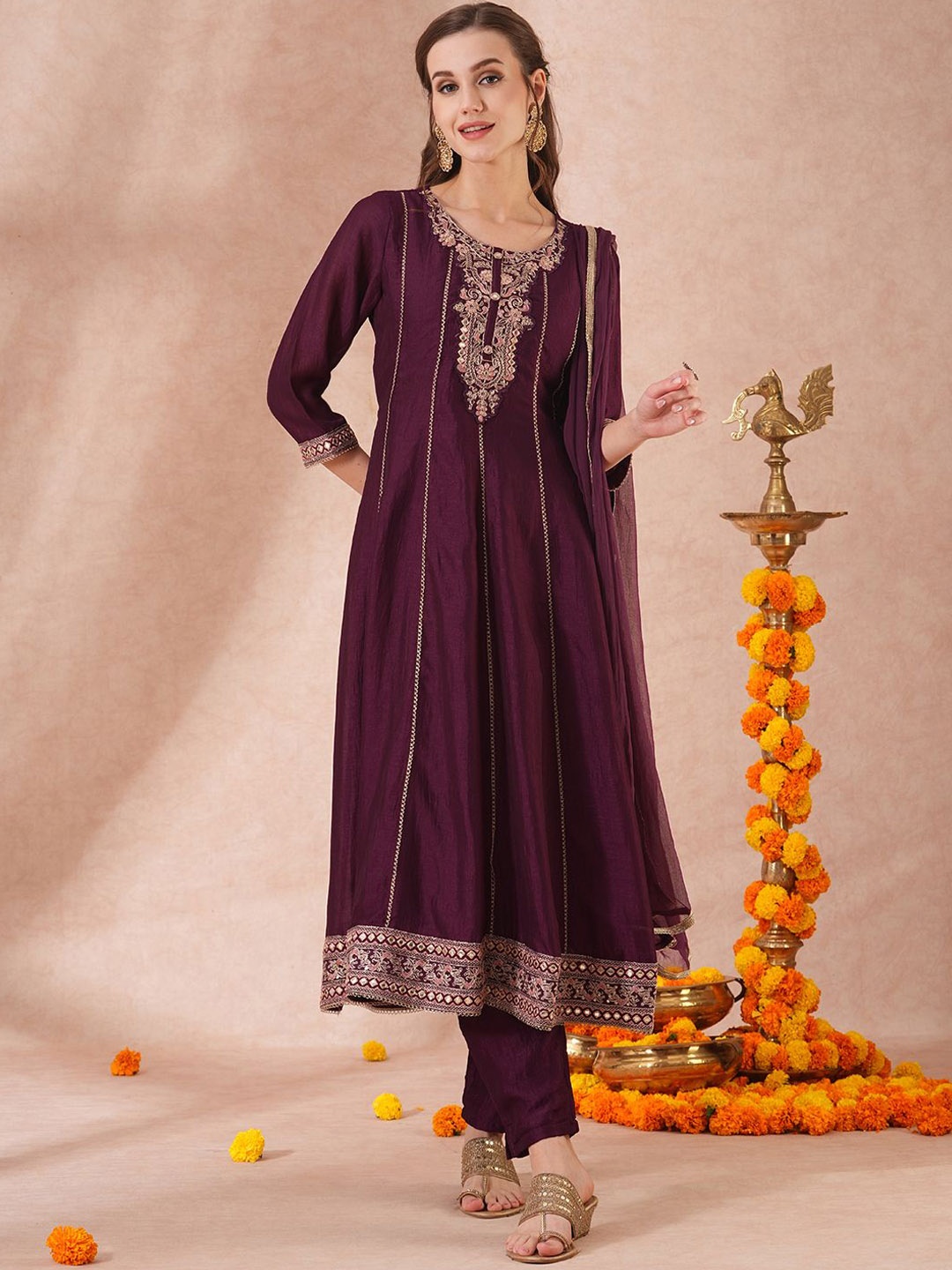 

FASHOR Purple Floral Embroidered Panelled Mirror Work A-Line Kurta with Trouser & Dupatta