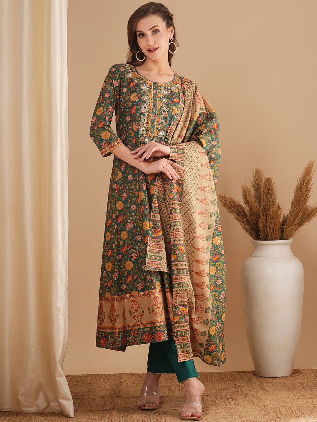 

FASHOR Green Floral Printed Round Neck Pure Cotton Anarkali Kurta With Trouser & Dupatta