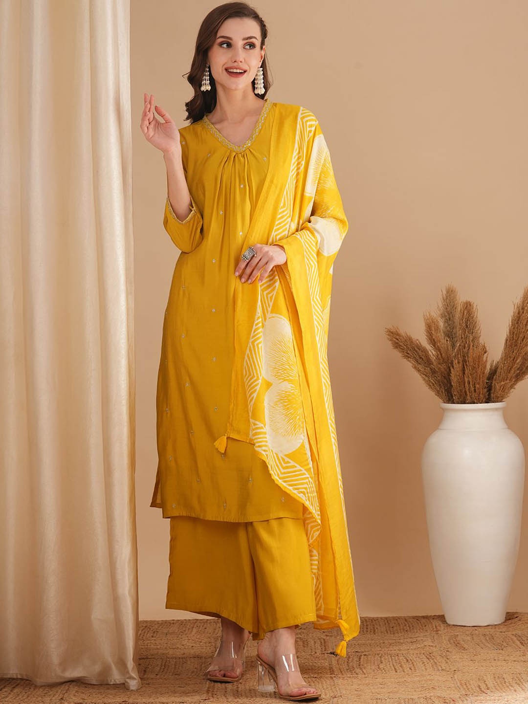 

FASHOR Embroidered Regular Sequinned Kurta with Palazzos & Dupatta, Yellow