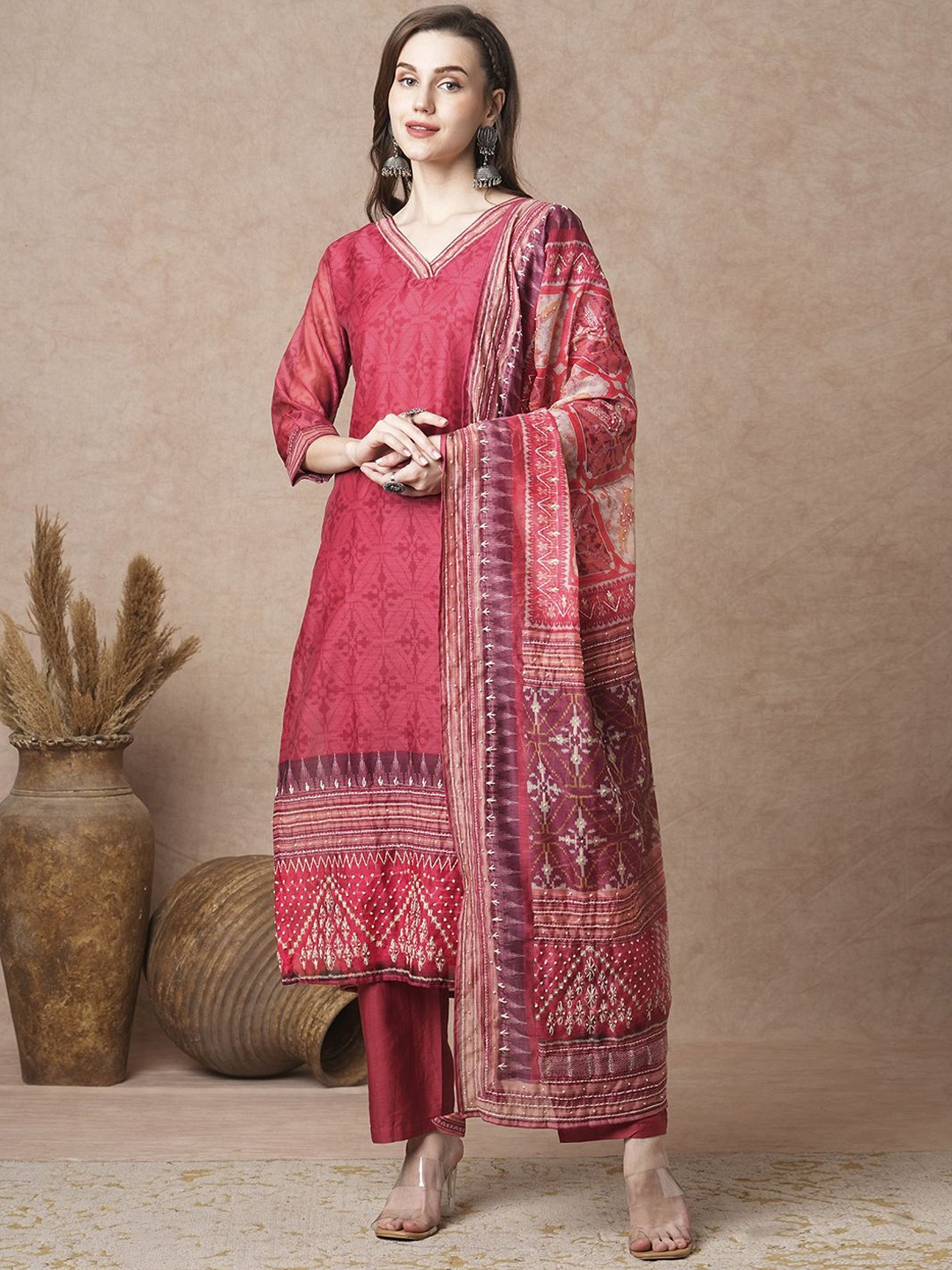 

FASHOR Red Ethnic Motifs Printed Thread Work Straight Kurta With Trousers & Dupatta