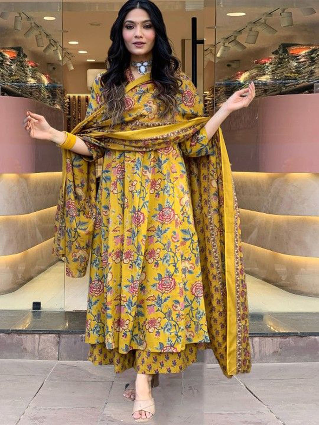 

BAESD Floral Printed V-Neck Pleated Mirror Work A-Line Kurta With Palazzos & Dupatta, Yellow