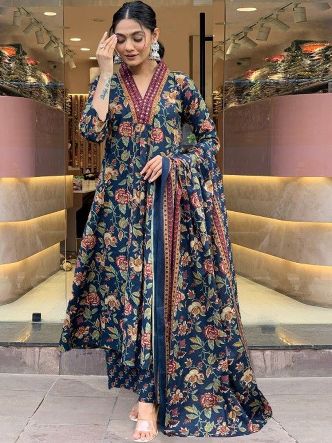 

BAESD Floral Printed V-Neck Pleated Mirror Work A-Line Kurta With Palazzos & Dupatta, Blue