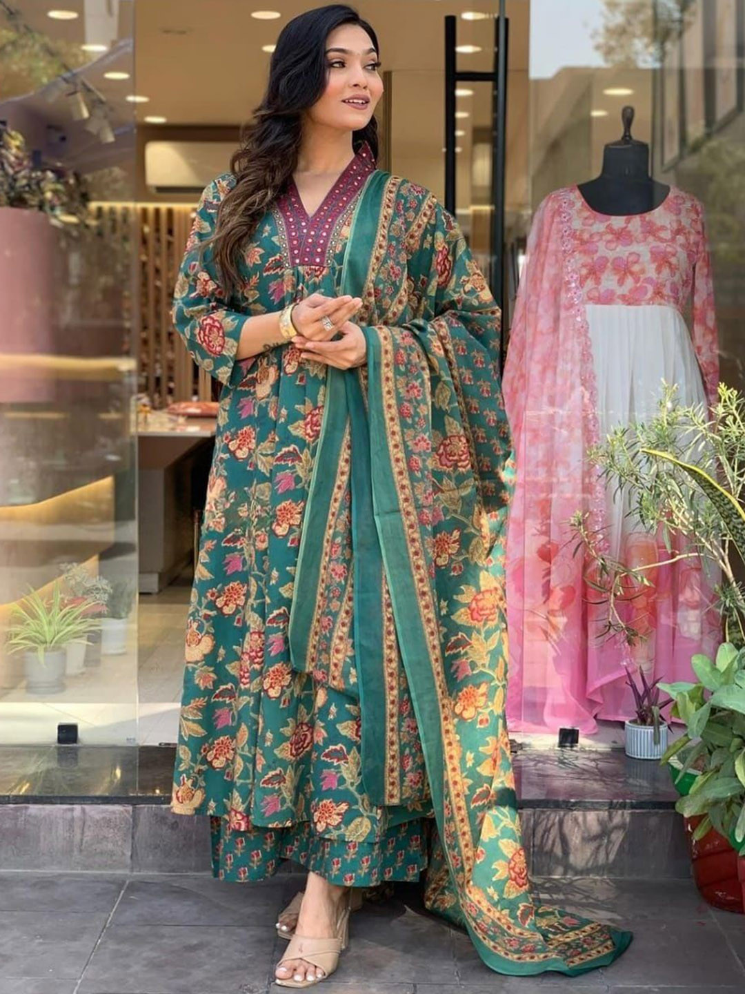 

BAESD Floral Printed V-Neck Pleated Mirror Work A-Line Kurta With Palazzos & Dupatta, Green