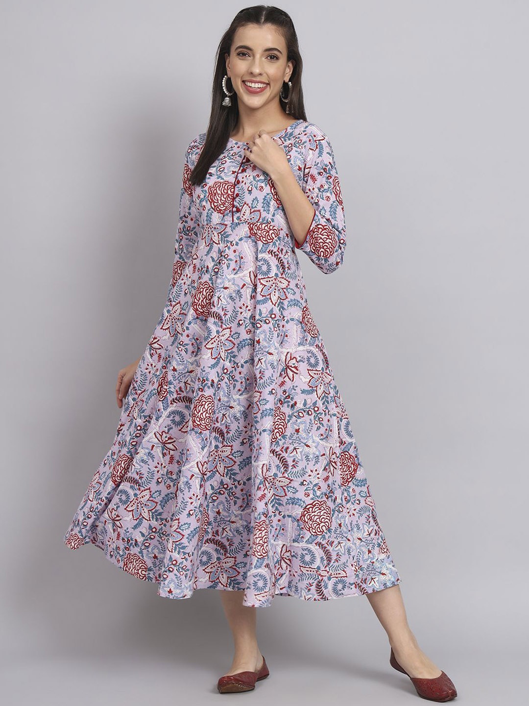 

All About You Floral Printed Round Neck Pure Cotton Midi A-line Kurta, Purple