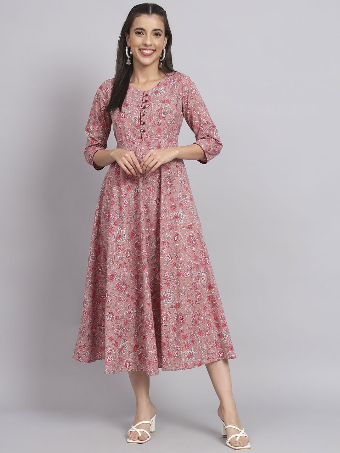 

All About You Floral Printed Round Neck Pure Cotton Midi A-line Kurta, Pink