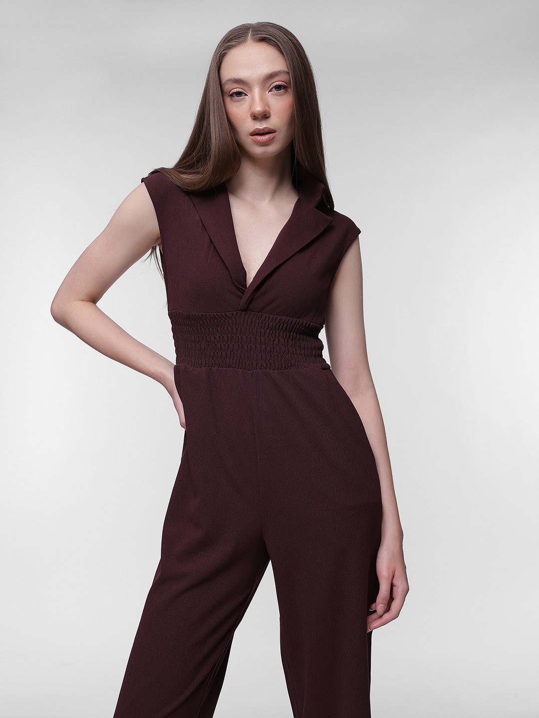 

French Connection Women Shawl Neck Basic Jumpsuit, Coffee brown