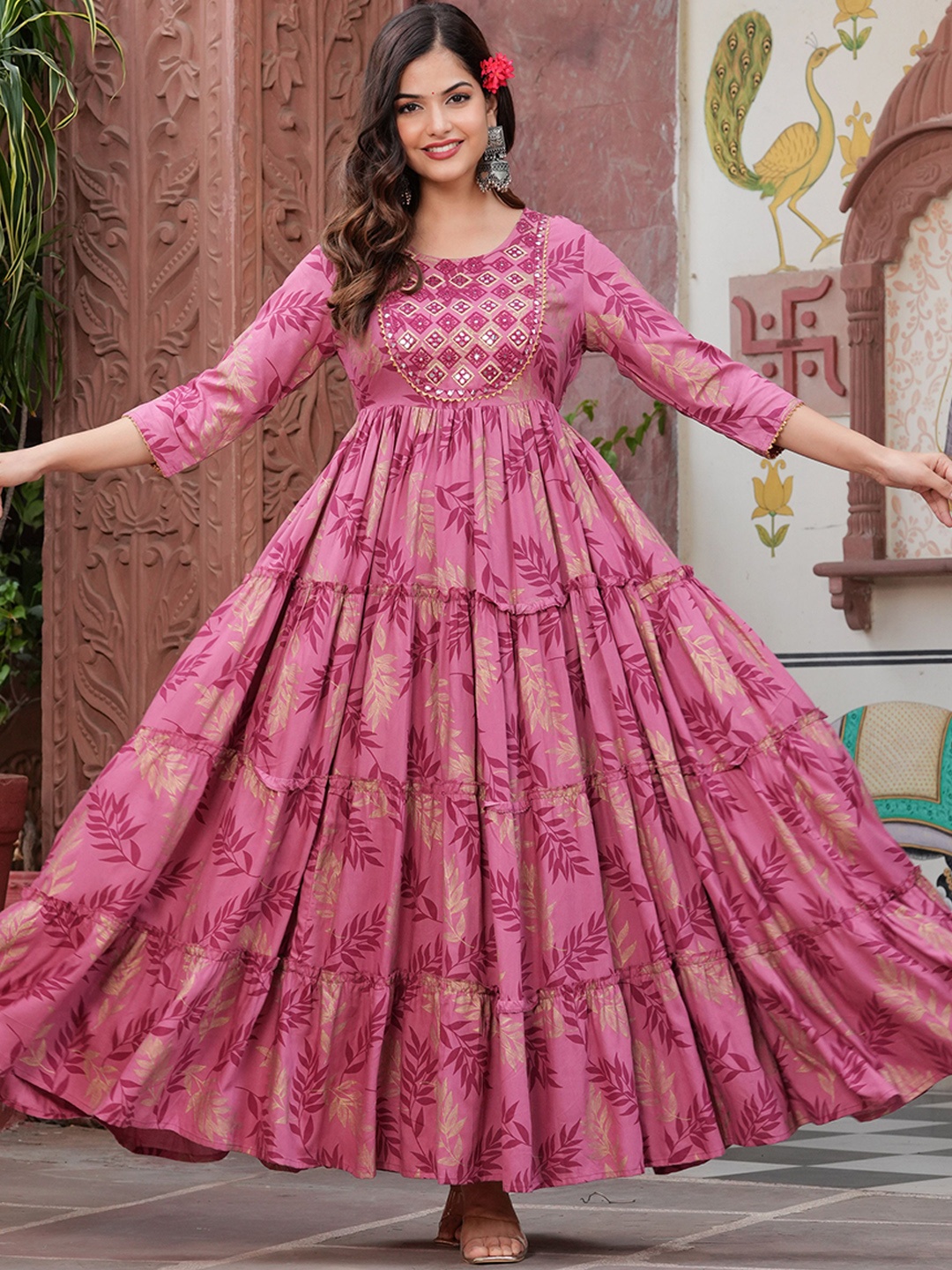 

CHARVI CREATION Floral Printed Mirror Work Round Neck Anarkali Kurta, Pink