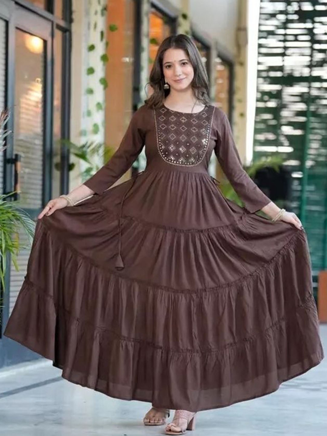 

CHARVI CREATION Geometric Yoke Design Mirror Work Anarkali Kurta, Brown