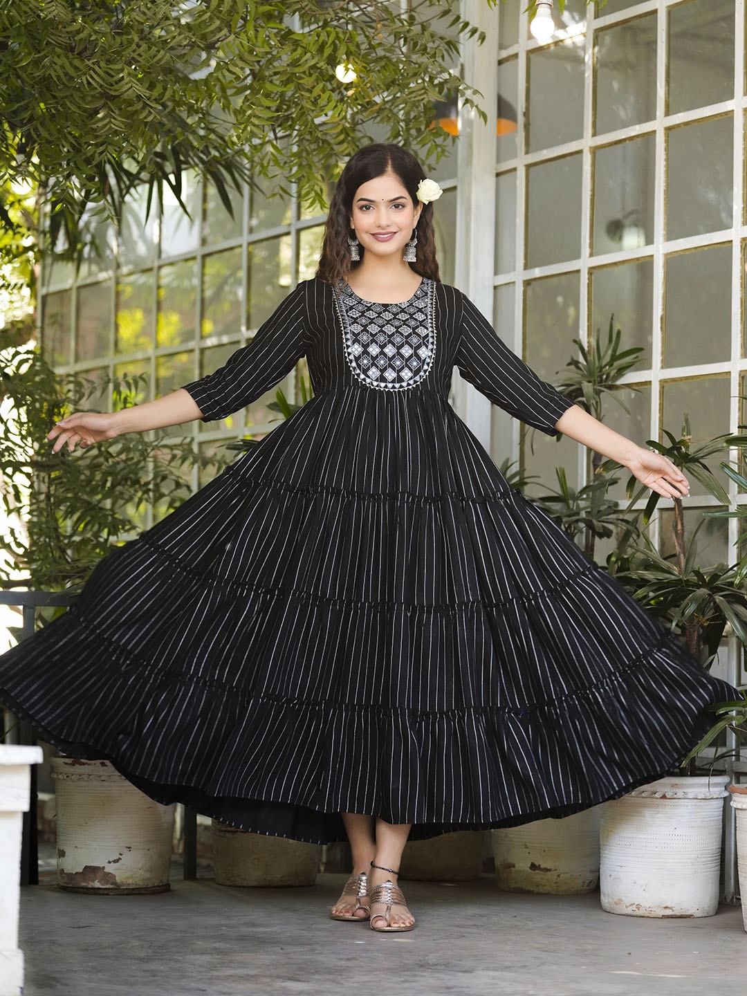 

CHARVI CREATION Striped Mirror Work Round Neck Anarkali Kurta, Black