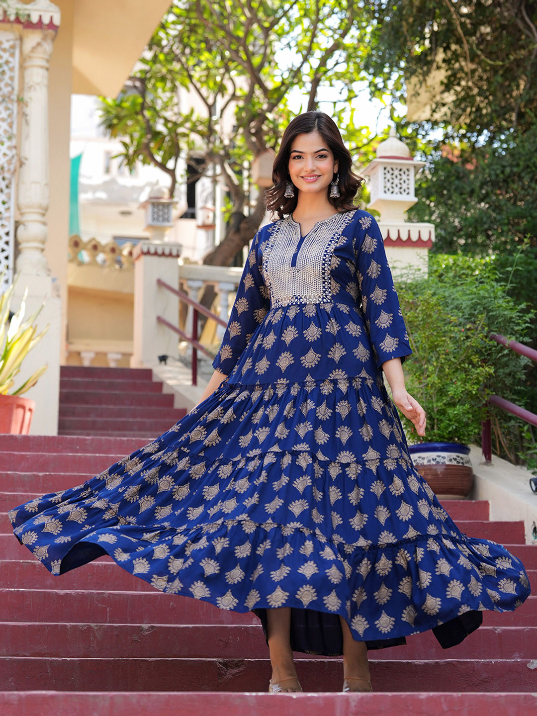 

CHARVI CREATION Ethnic Motifs Printed Thread Work Notch Neck Anarkali Kurta, Blue
