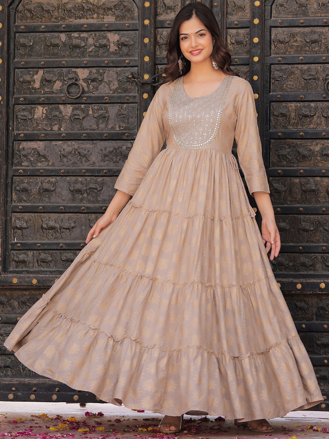

CHARVI CREATION Floral Printed Mirror Work Anarkali Kurta, Beige