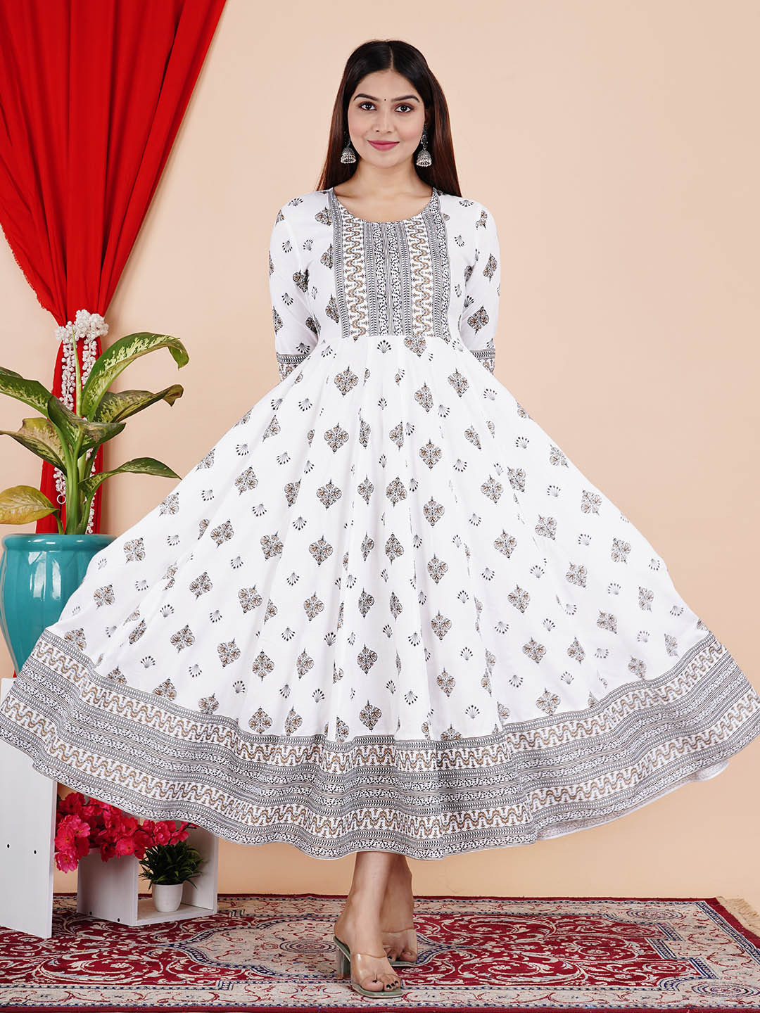 

CHARVI CREATION Ethnic Motifs Printed Round Neck Anarkali Kurta, White