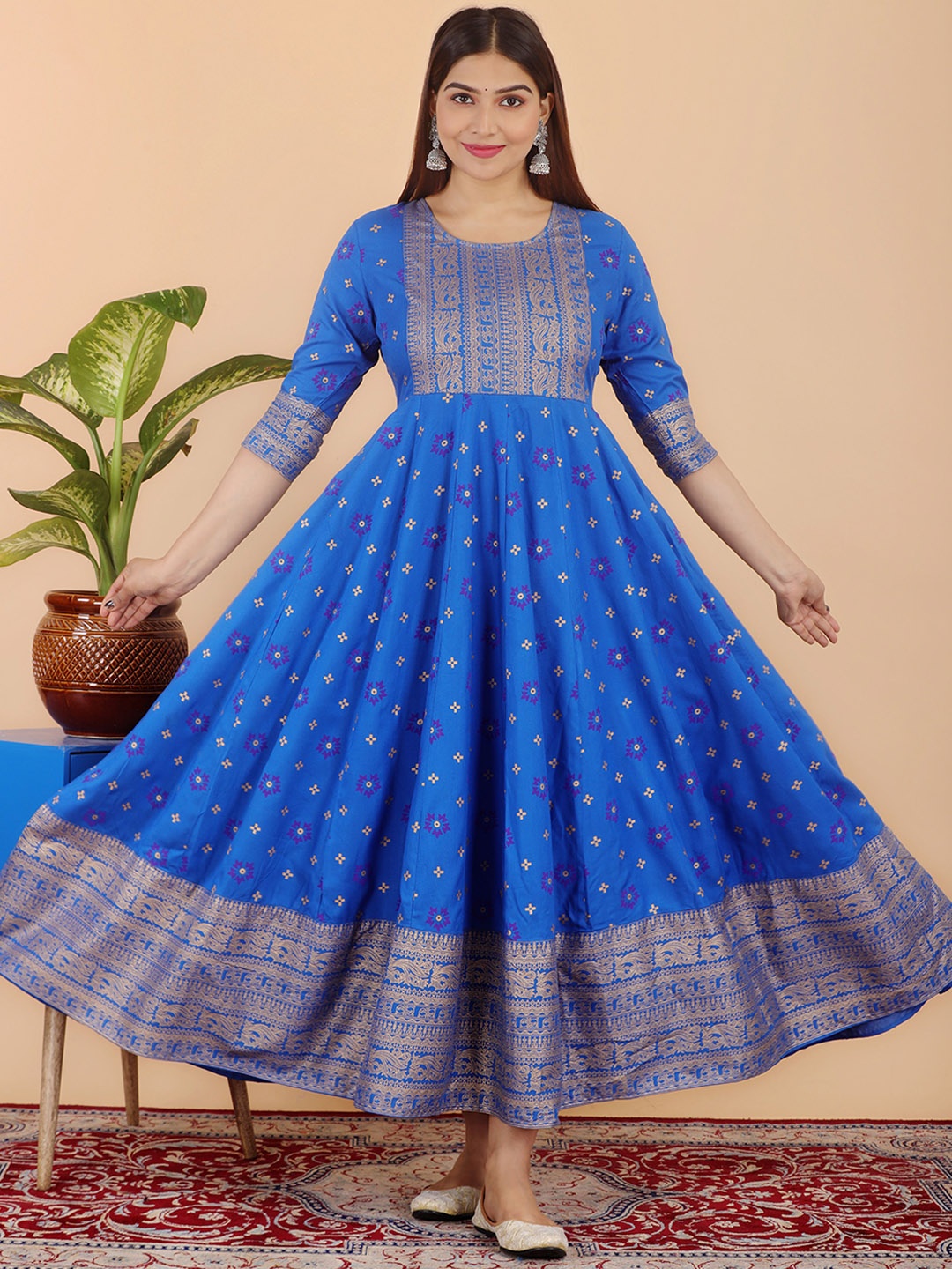 

CHARVI CREATION Ethnic MOtifs Printed Round Neck Anarkali Kurta, Blue