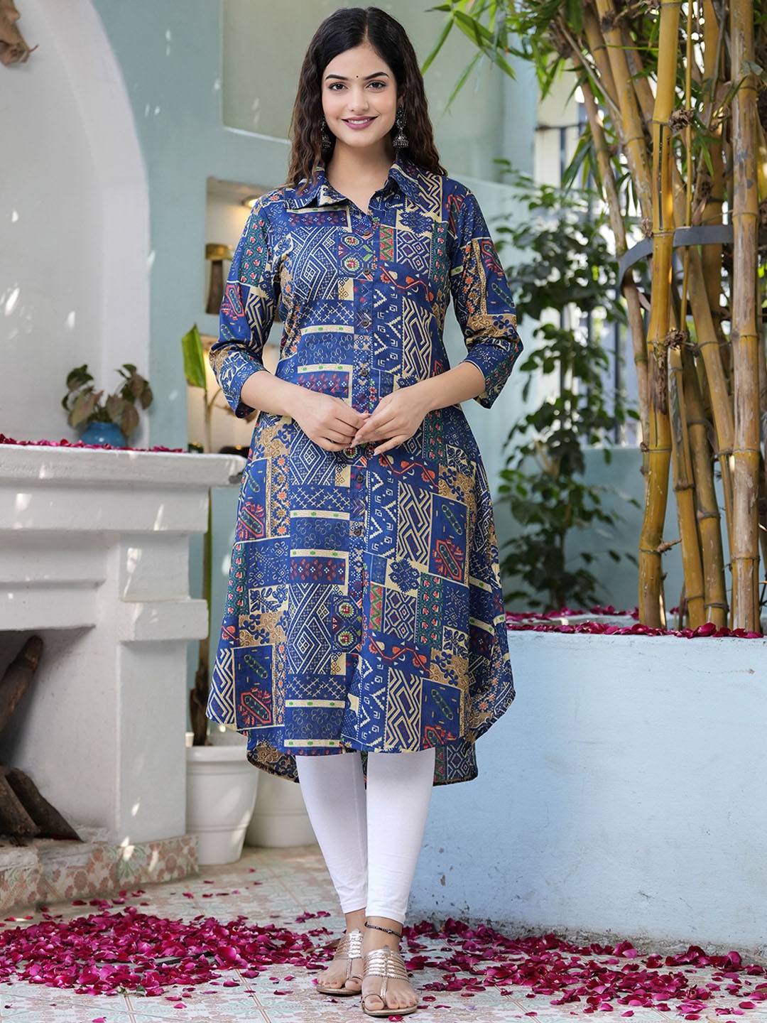 

CHARVI CREATION Geometric Printed Shirt Collar A-Line Kurta, Blue