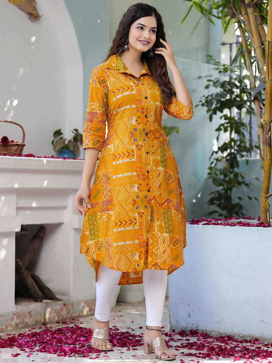 

CHARVI CREATION Ethnic Motifs Printed Shirt Collar A-Line Kurta, Yellow