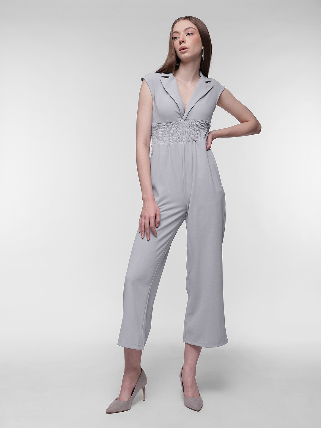 

French Connection Women Shawl Neck Basic Jumpsuit, Grey