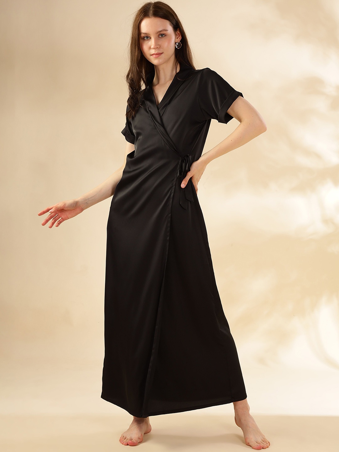 

9shines Label Women Satin Shawl Collar Maxi Robe, Black